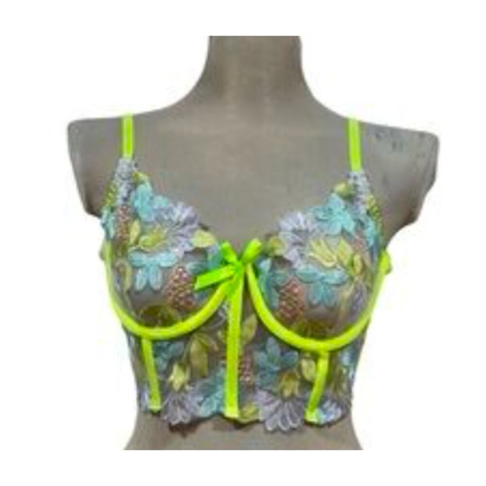 Sexy floral bustier style bralette w/neon green straps by Hello LA Girl, Large
